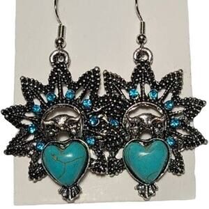 Silver Turquoise Stone Sun Owl Dangle Drop Earrings